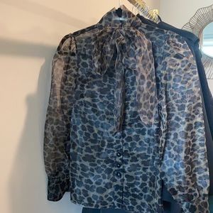 Animal print sheer blouse with bow